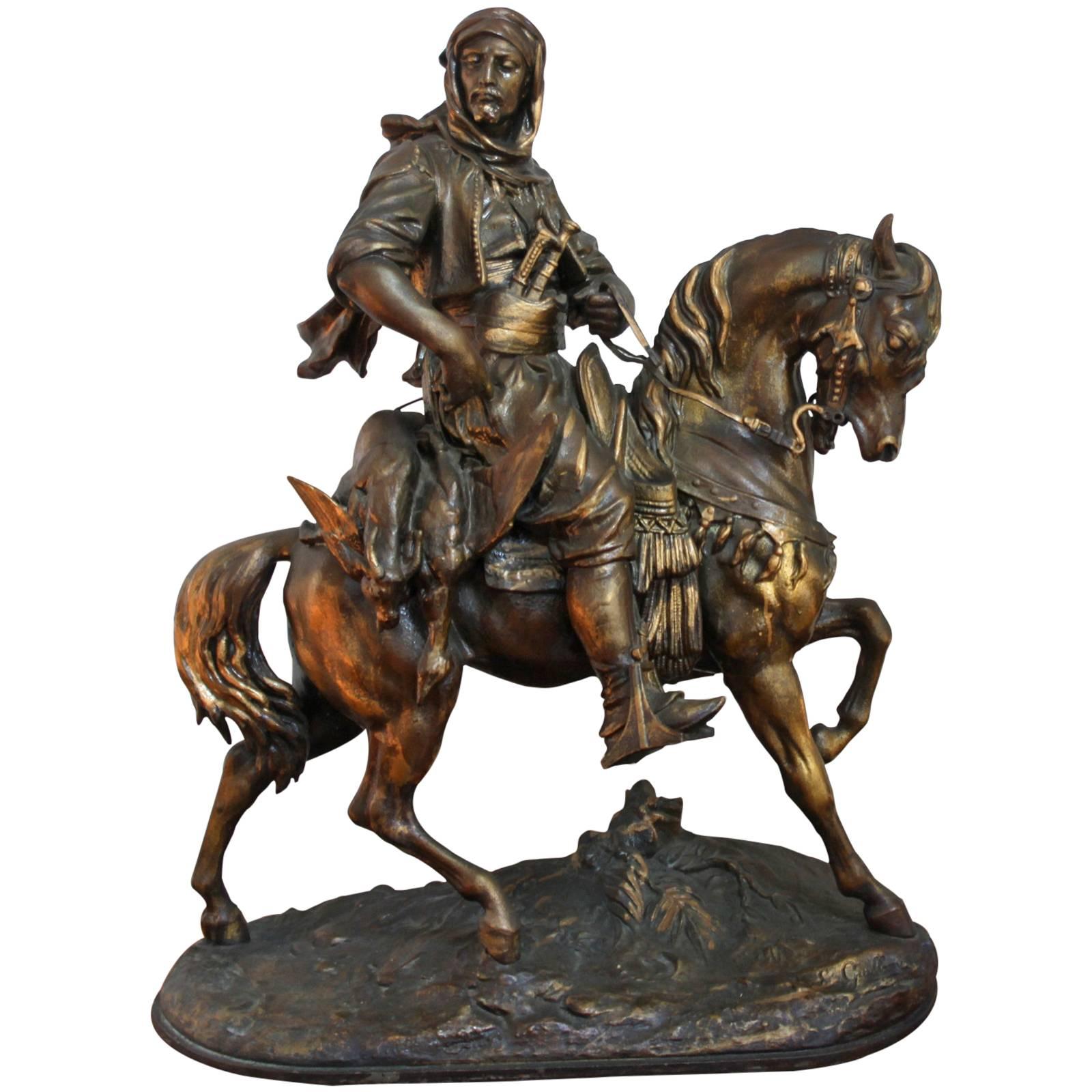 Antique French Spelter Orientalist Arab Huntsman on Horseback after E. Guillaume