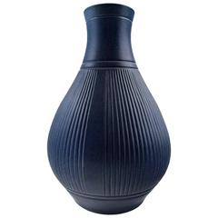 Ipsen's, Denmark, Number 15, Art Deco Pottery Vase, Dark Blue Glaze