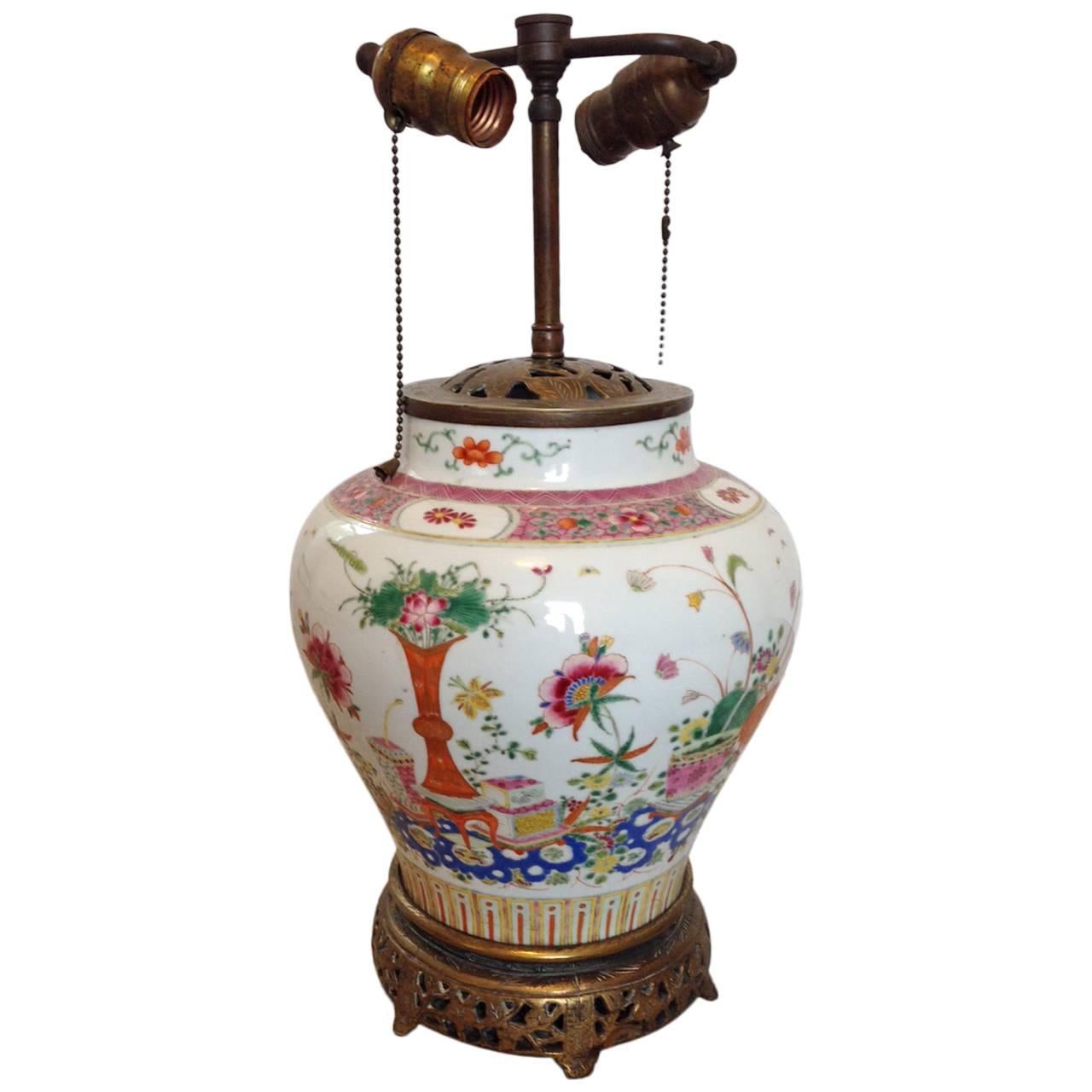 19th Century Famille Rose Porcelain Ginger Jar Lamp For Sale