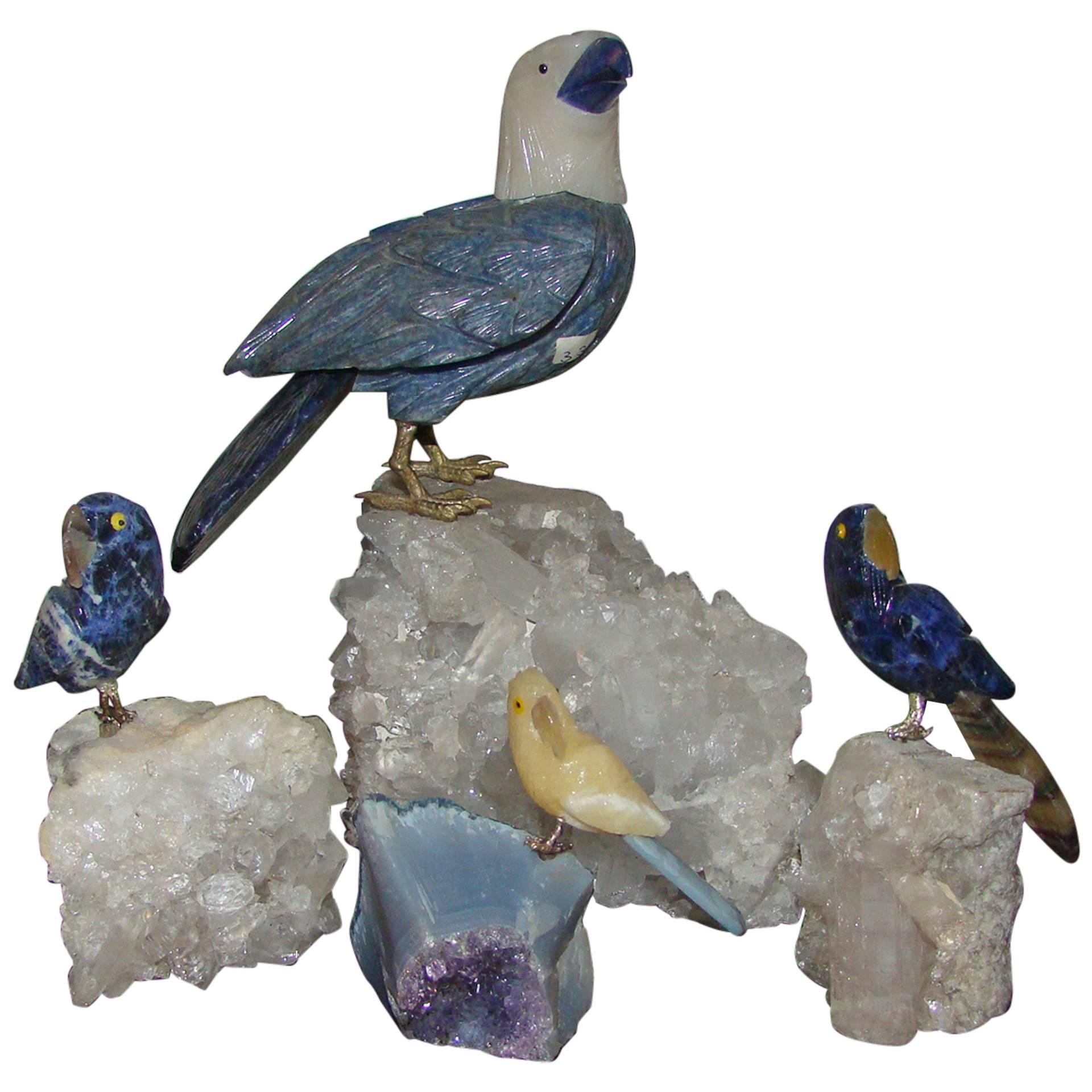 Set of Quartz Crystal and Gemstone Bird Sculptures