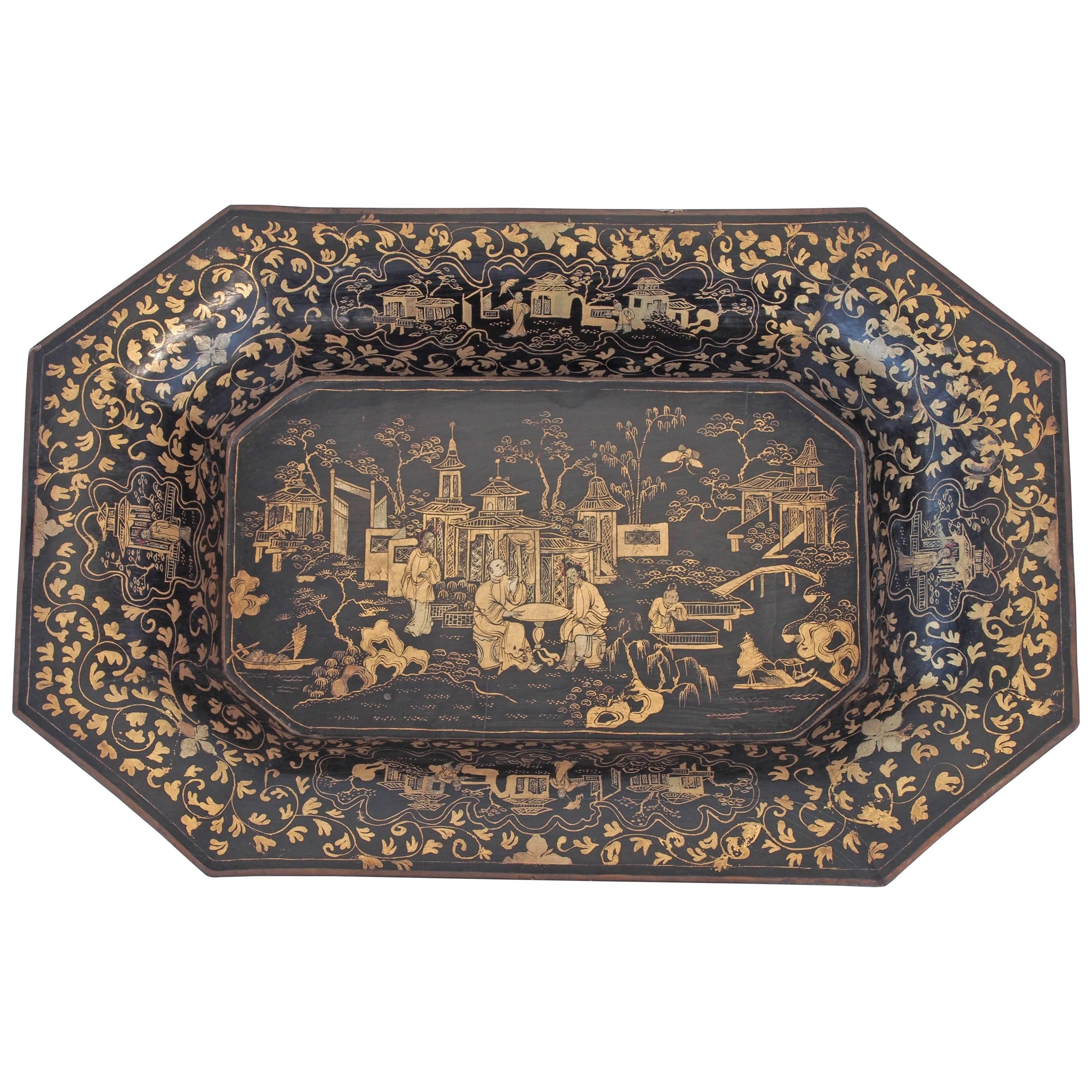 Chinese Laquer Papier Mâché Tray with Gilt Penwork