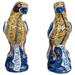 Large Pair of Mid-19th Century Delft Faience Parrots