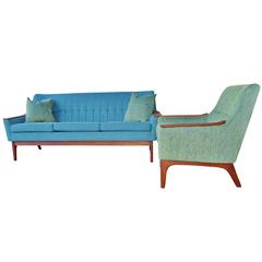 Restored Danish Teak Arm Sofa and Lounge Chair with Channel Tufting