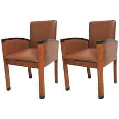 Pair of Deco Period Teak, Rosewood, Satinwood and Leather Chairs
