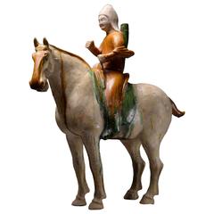 Ancient Chinese Tang Dynasty Sancai Glazed Pottery Horse & Archer Rider, 618 AD
