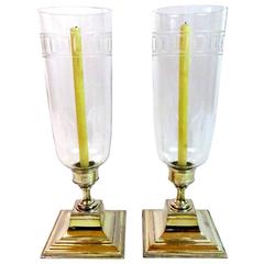 Pair of Early 20th c. English Candleholders with Hurricane Globes