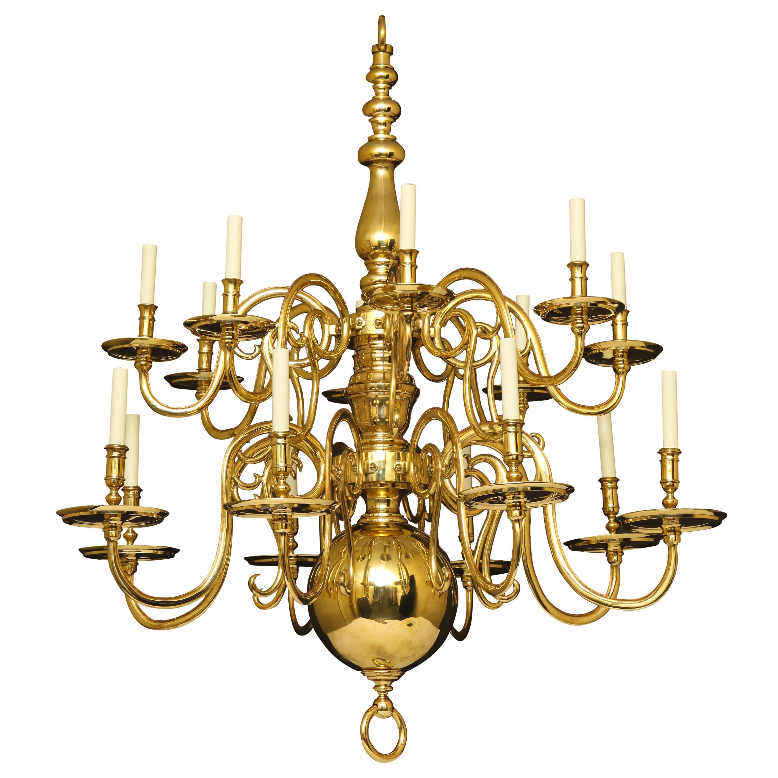 19th Century Baroque 16-Light Two-Tier Brass Chandelier For Sale