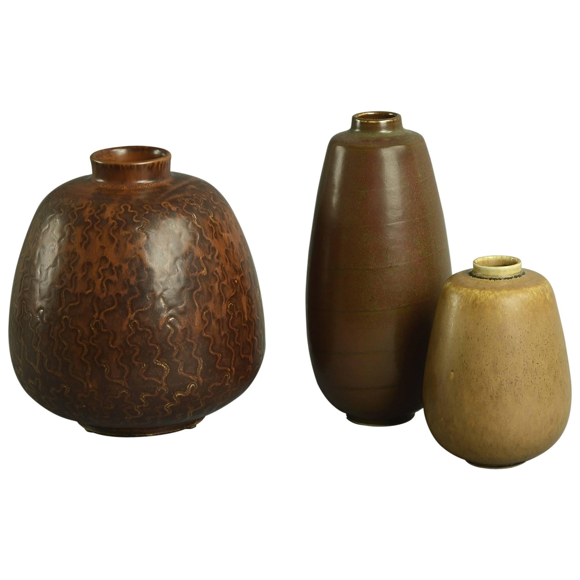 Three Vases with Matte Brown Glaze by Saxbo, Denmark For Sale