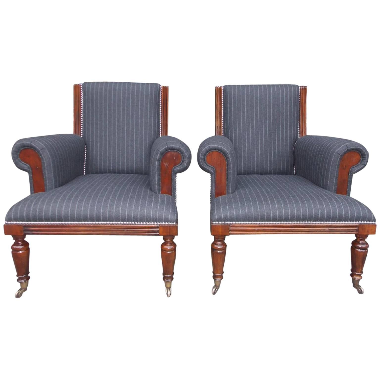 Pair of American Mahogany Upholstered Club Chairs, 20th Century