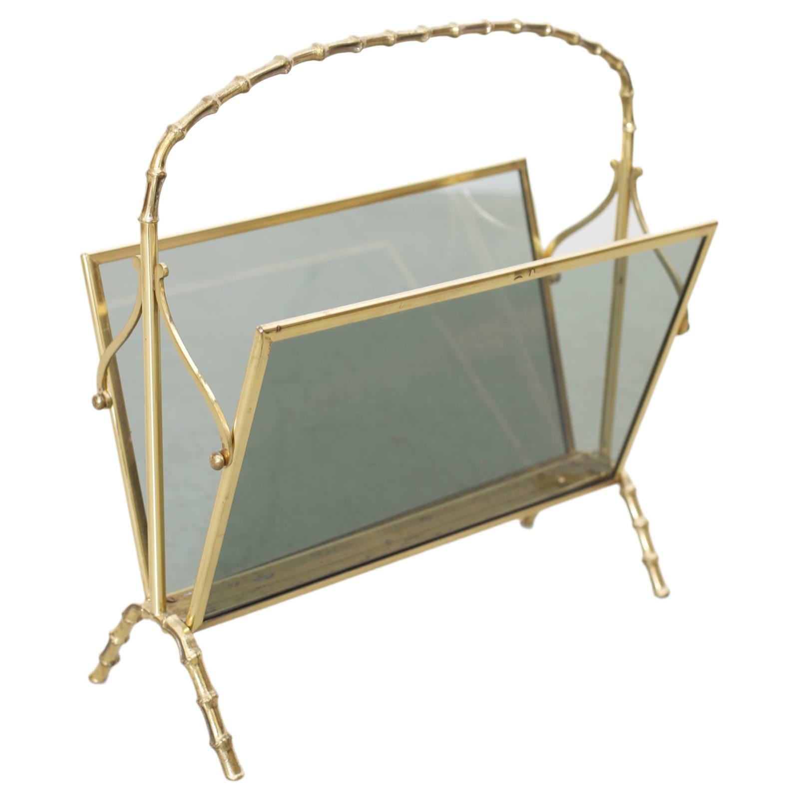 Maison Bagues Brass and Glass Faux Bamboo Magazine Rack