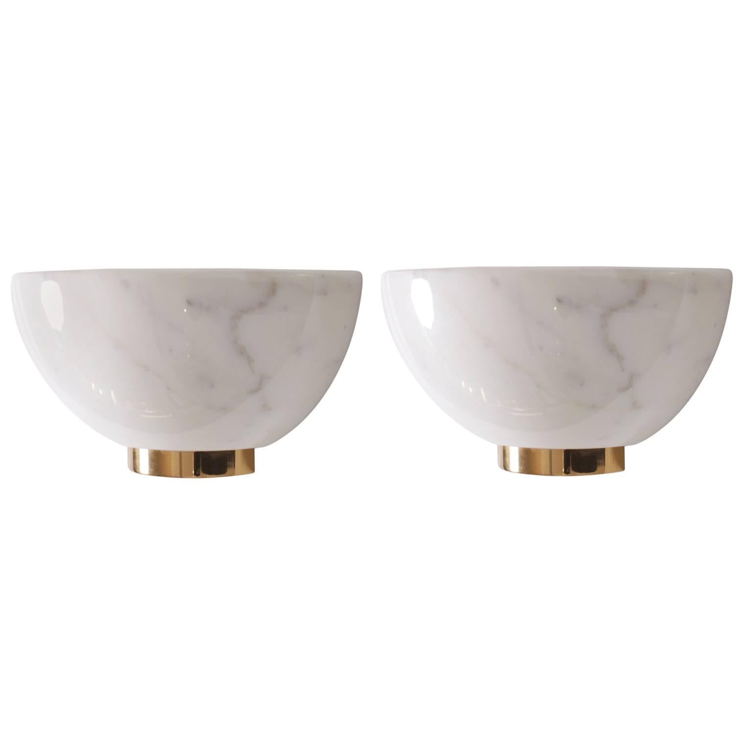 Pair of White Carrara Marble and Brass Wall Lights 