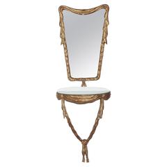1940s Giltwood Drapery Mirror and Console Table