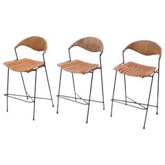 Set of Three Low Wrought Iron Arthur Umanoff Bar Stools 6