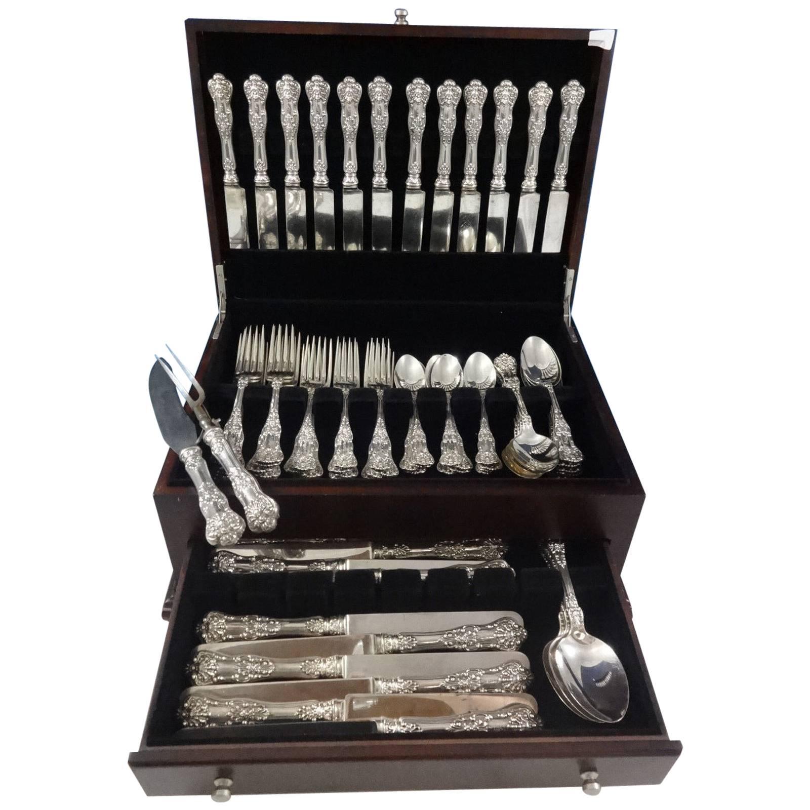 Beautiful New King by Dominick & Haff sterling silver dinner flatware set with classic shell motif of 80 pieces. This set includes:

12 dinner size knives with blunt silver plated blades, 10 1/8