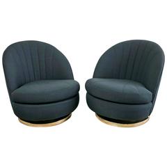 Milo Baughman Brass Swivel Club Chairs with Black Upholstery
