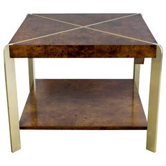 Milo Baughman Two-Tiered Burl Wood and Brass Table