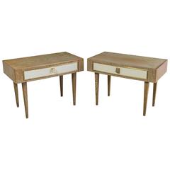 Beautifully Sculptural Cerused Oak and Lacquer Nightstands with Brass Hardware