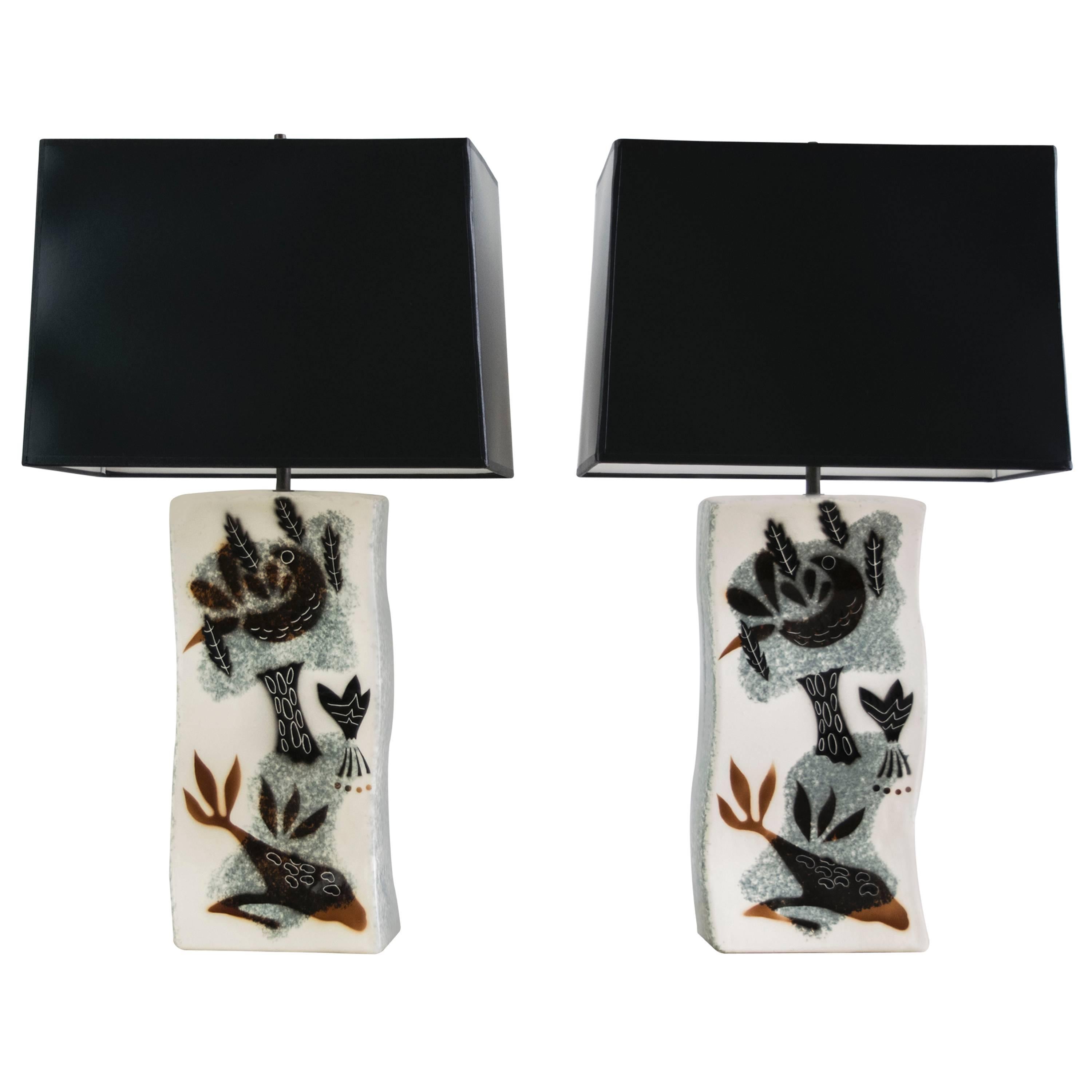 Mid Century Ceramic Lamps with Abstract Painting