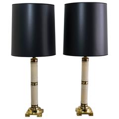 Tall Hollywood Regency Faux Ivory and Brass Greek Key Lamps