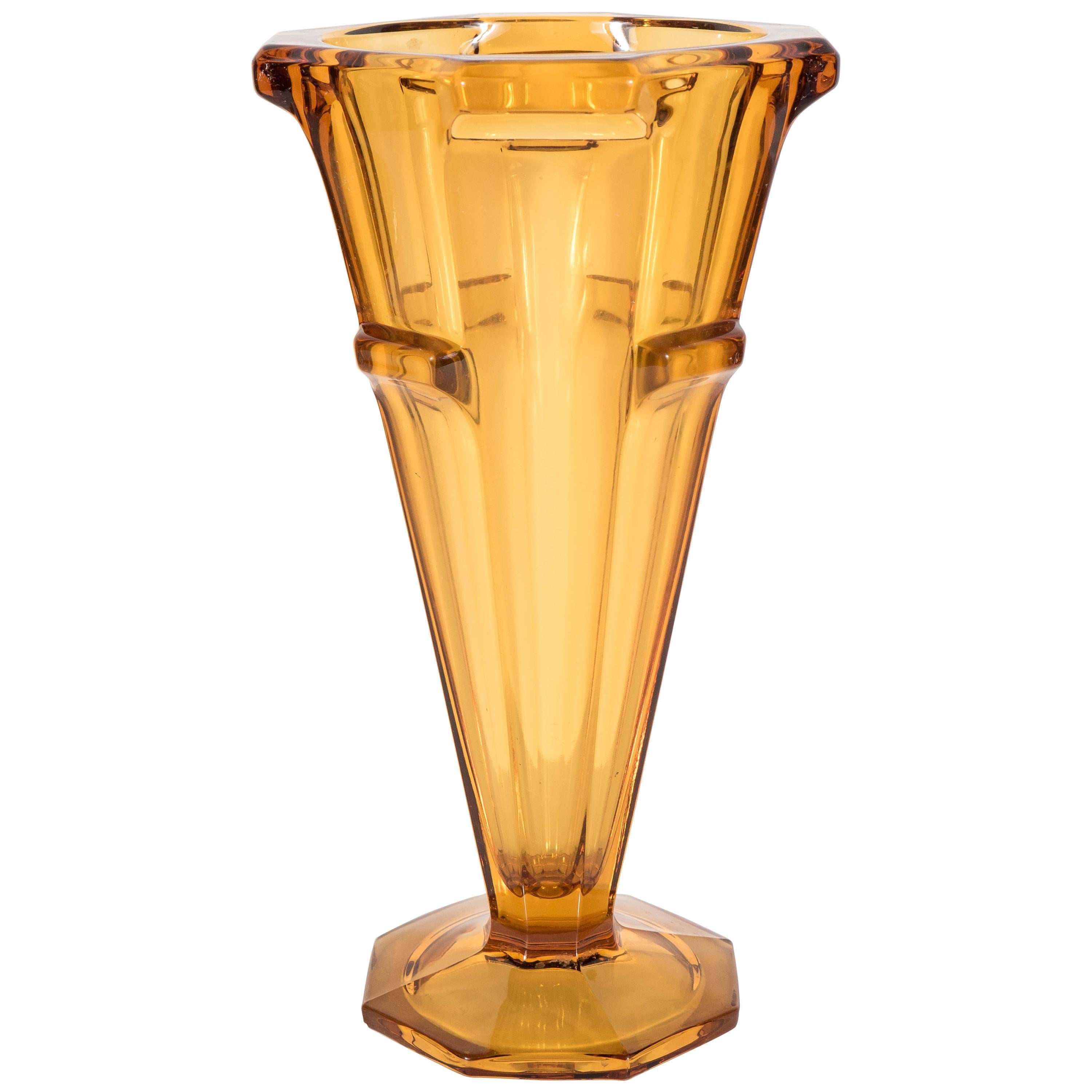 Art Deco Skyscraper Style Amber Molded Glass Vase