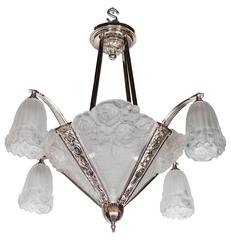 Art Deco Four-Arm Chandelier by Degué in Nickeled Bronze and Frosted Glass