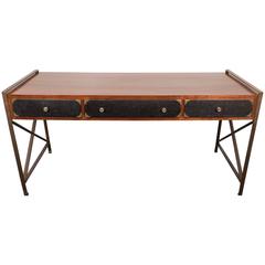 Mid-Century Campaign Desk on Bronze X-Frames with Embossed Leather Drawers