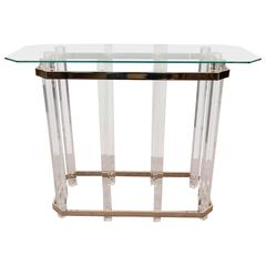 Charles Hollis Jones Glass Top Console Table on Lucite Base with Brass Banding