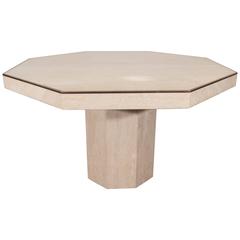 Harvey Probber Style Travertine Octagonal Dining Table with Brass Trim