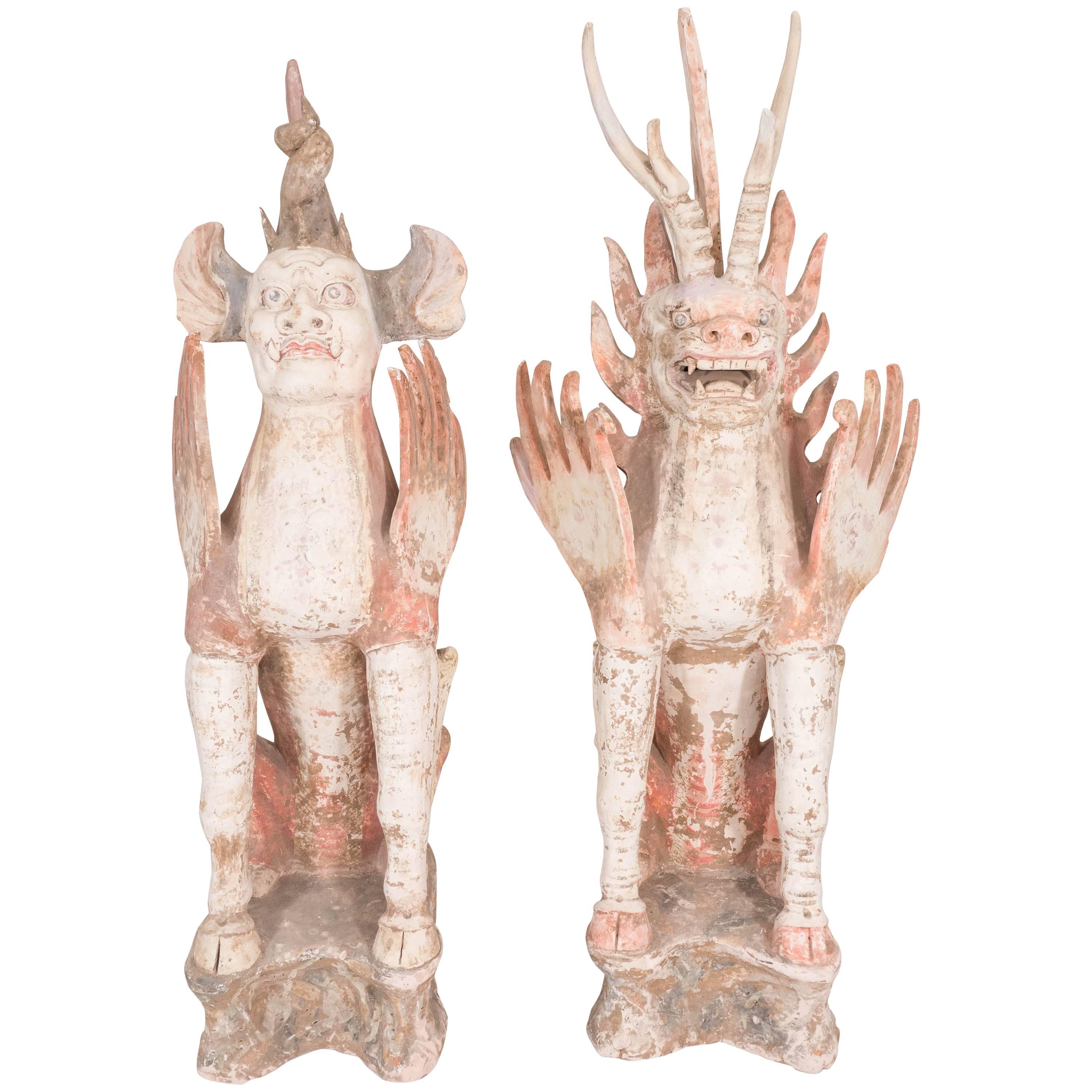 Pair of Tang Dynasty Pottery Tomb Sculptures of Earth Spirits