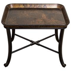 Regency Black and Gilt Papier Mache Lacquer Tray with Later Stand, 19th Century 6
