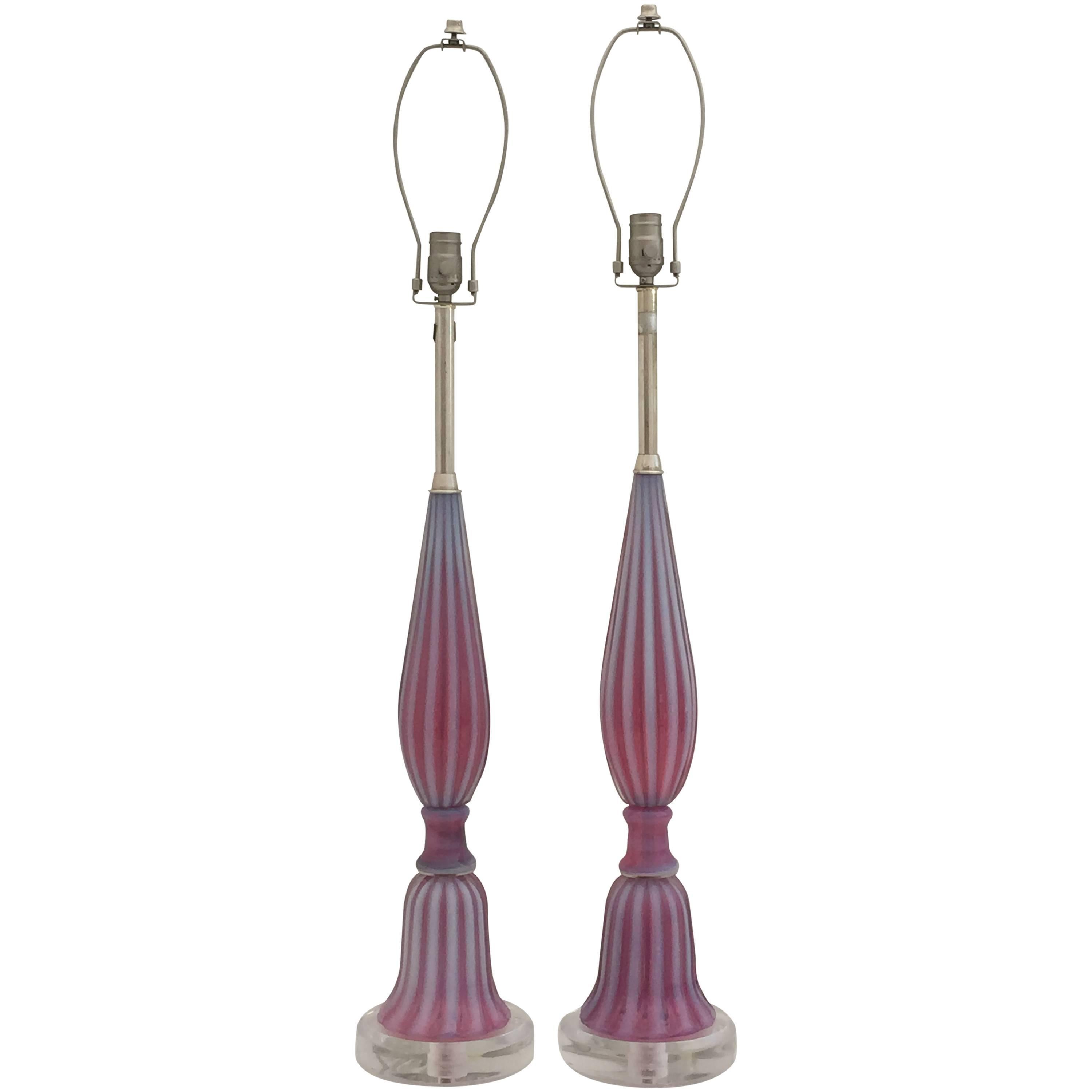 Seguso Murano Pink Opalescent Glass Lamps on Lucite Base