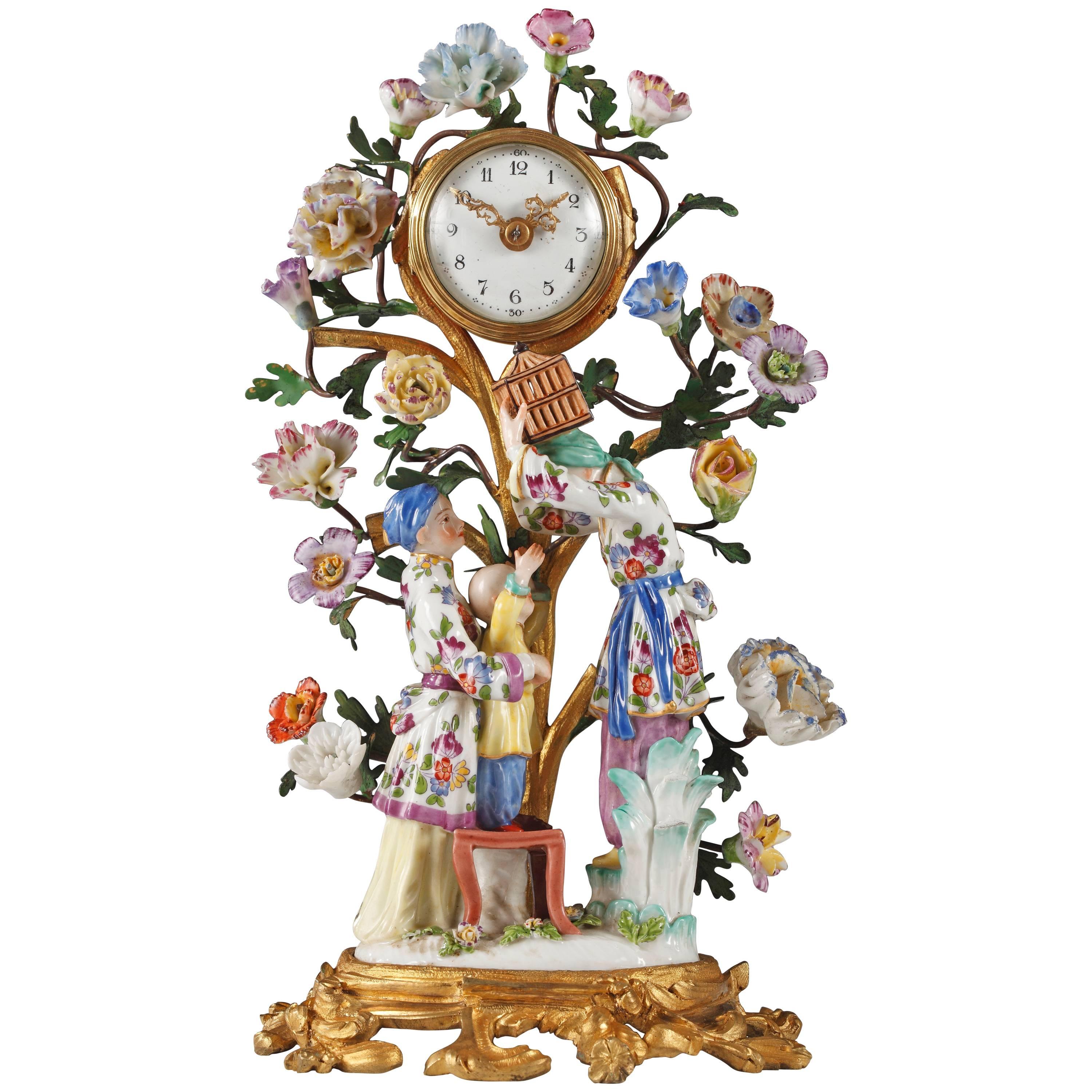 Small Polychrome Porcelain and Gilt Bronze Clock For Sale
