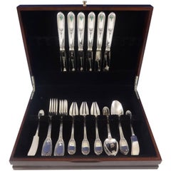 French Export Sterling Silver Flatware Dinner Set for Six Service, France