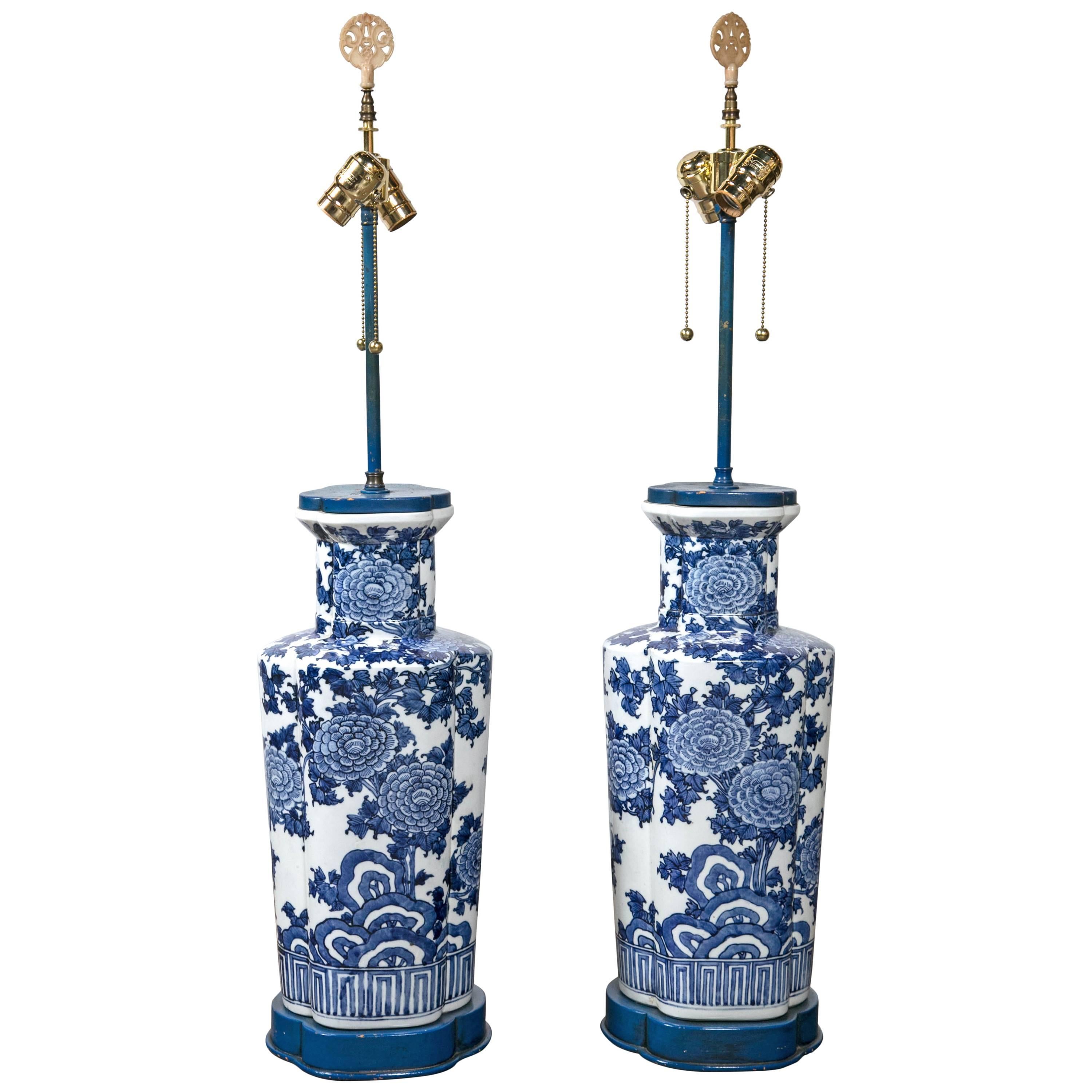 Large Blue and White Porcelain Lamps For Sale
