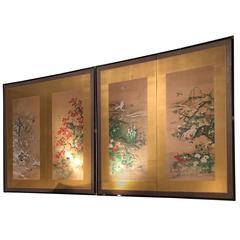 19th Century Four-Panel Japanese Hand-Painted Screen Depicting Four Seasons