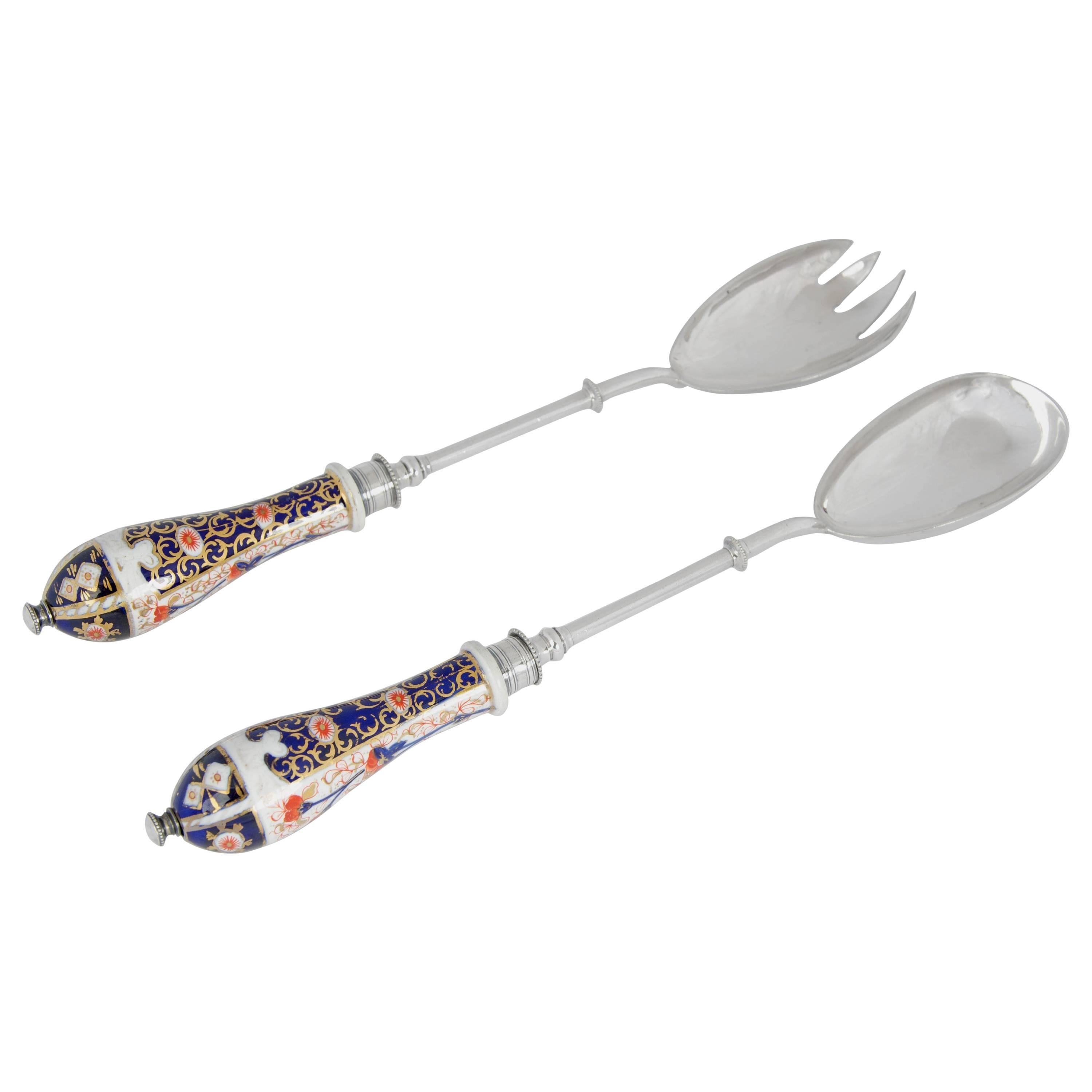 Pair of Silver Plate Salad Servers with Ceramic Handles, circa 1900 at