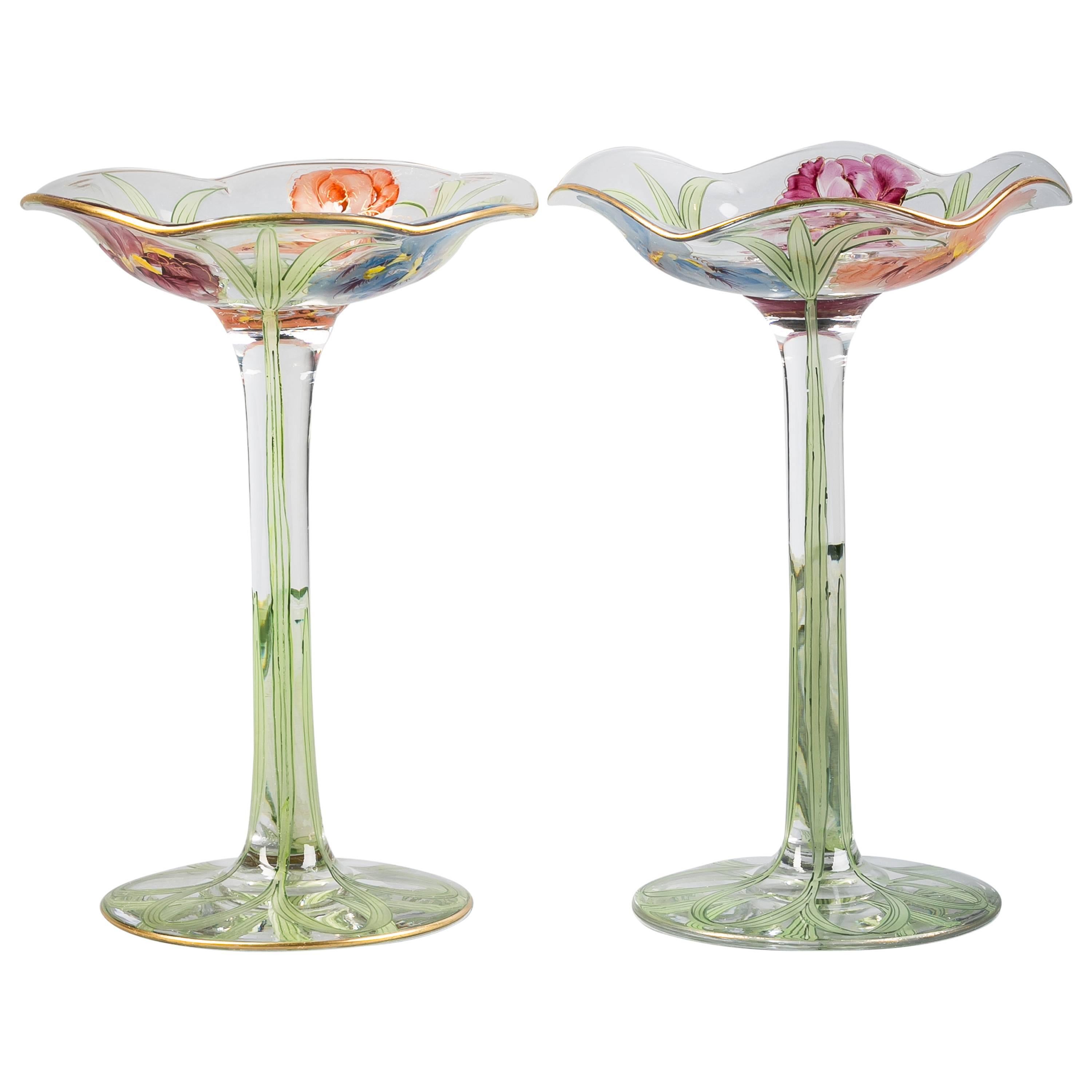 Pair of American Enameled Glass Footed Compotes, circa 1880 For Sale