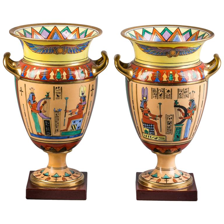 Pair of Paris Porcelain Egyptian Motif Vases, circa 1860 For Sale at