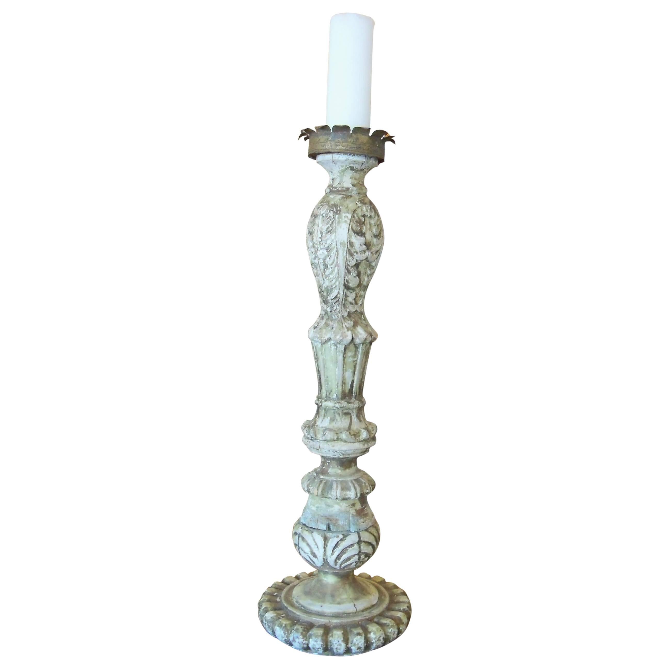 19th Century Italian Carved and Painted Wood Candlestick For Sale
