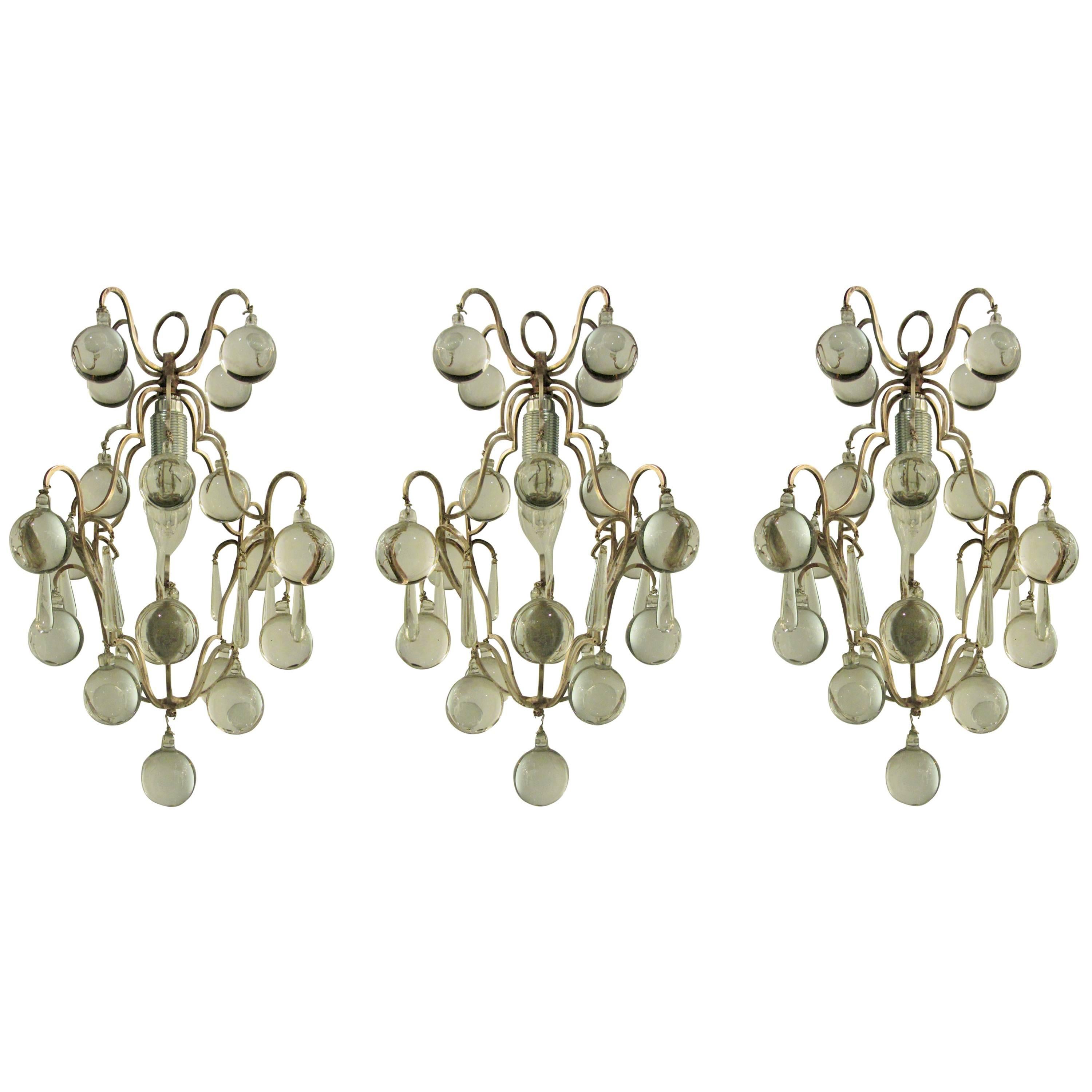 Set of Three Small, Unusual 'Ball' Drop Chandeliers