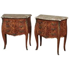 Pair of Antique French Rococo Marquetry Marble-Top Commodes