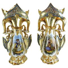 Pair of Large Paris Porcelain Fleur-de-Lis Shaped Vases, circa 1870