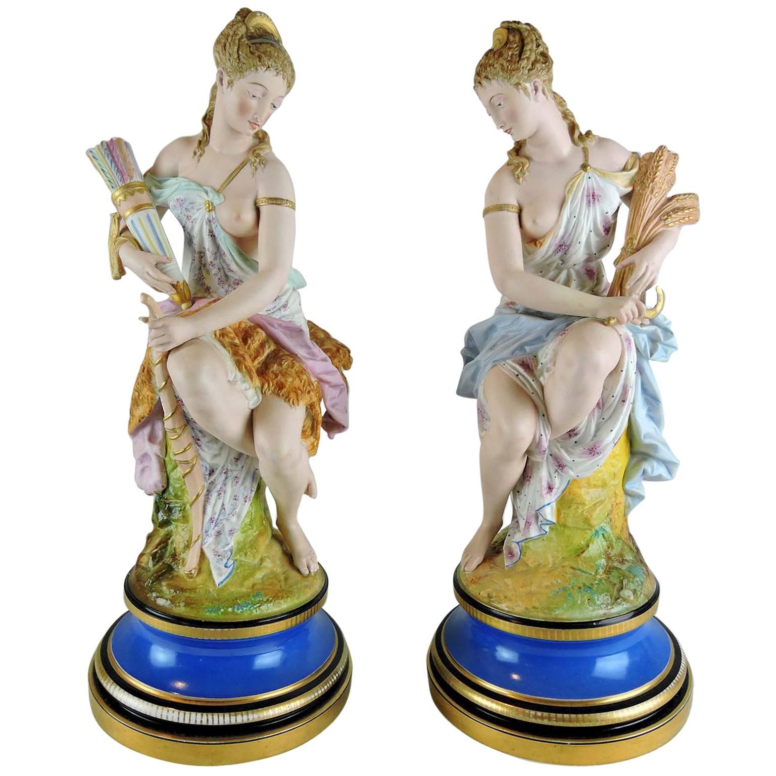 Pair of French Bisque and Porcelain Neoclassical Statues, Artemis and Demeter For Sale