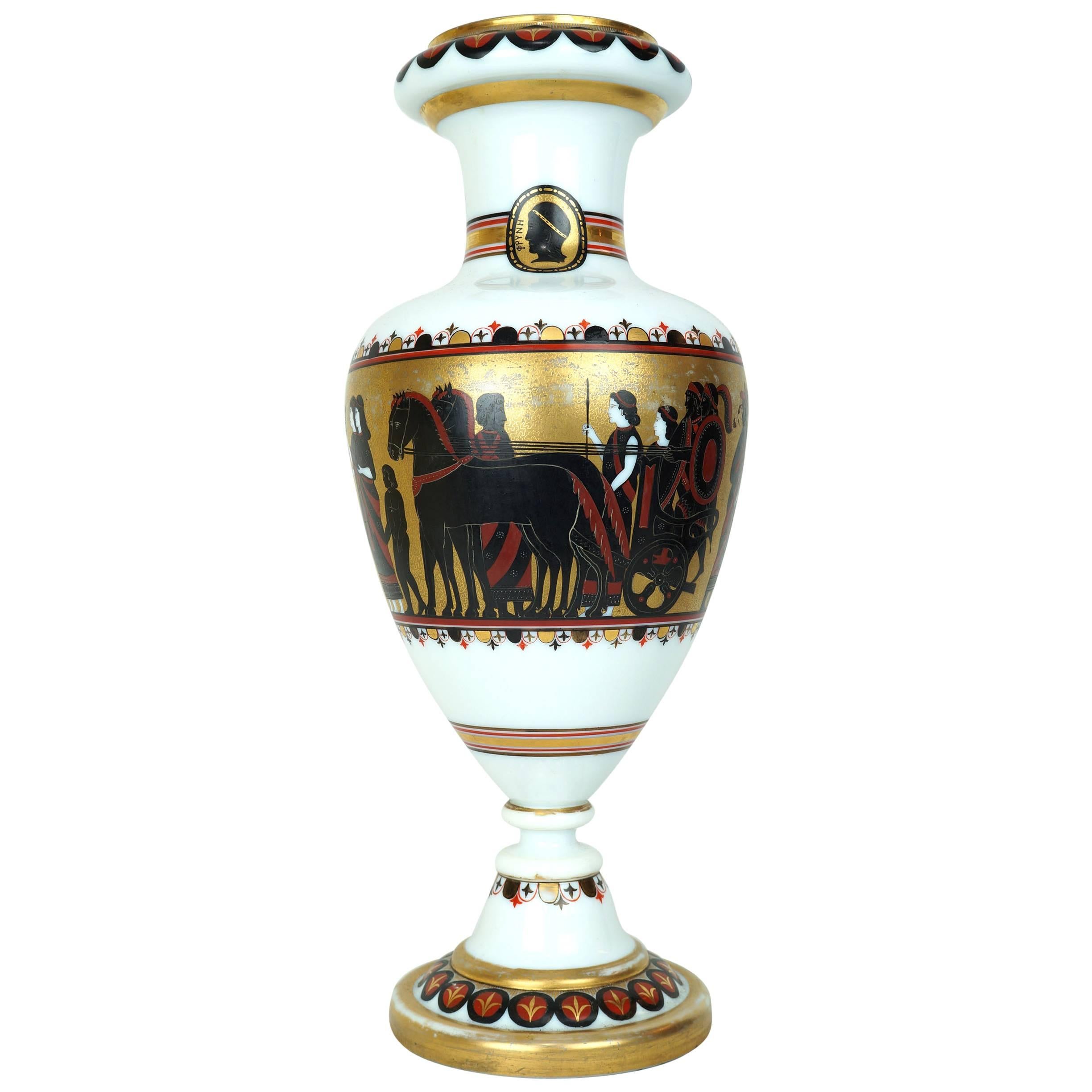 Neoclassical White Opaline Vase with Gilt Painted Chariot Scene For Sale