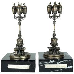 Pair of Silver Miniature-Form Floor Torcheres on Marble Bases