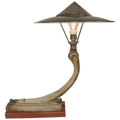 Adjustable Desk Lamp in Patinated Copper and Painted in Gold on a Wooden Base
