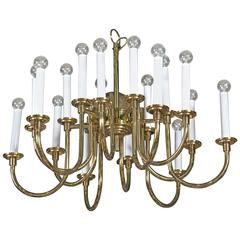 Midcentury Twelve-Arm Brass Chandelier with Original Canopy and Chain