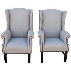 Pair of Amazing Natural Linen Wing Chairs from the 1920s