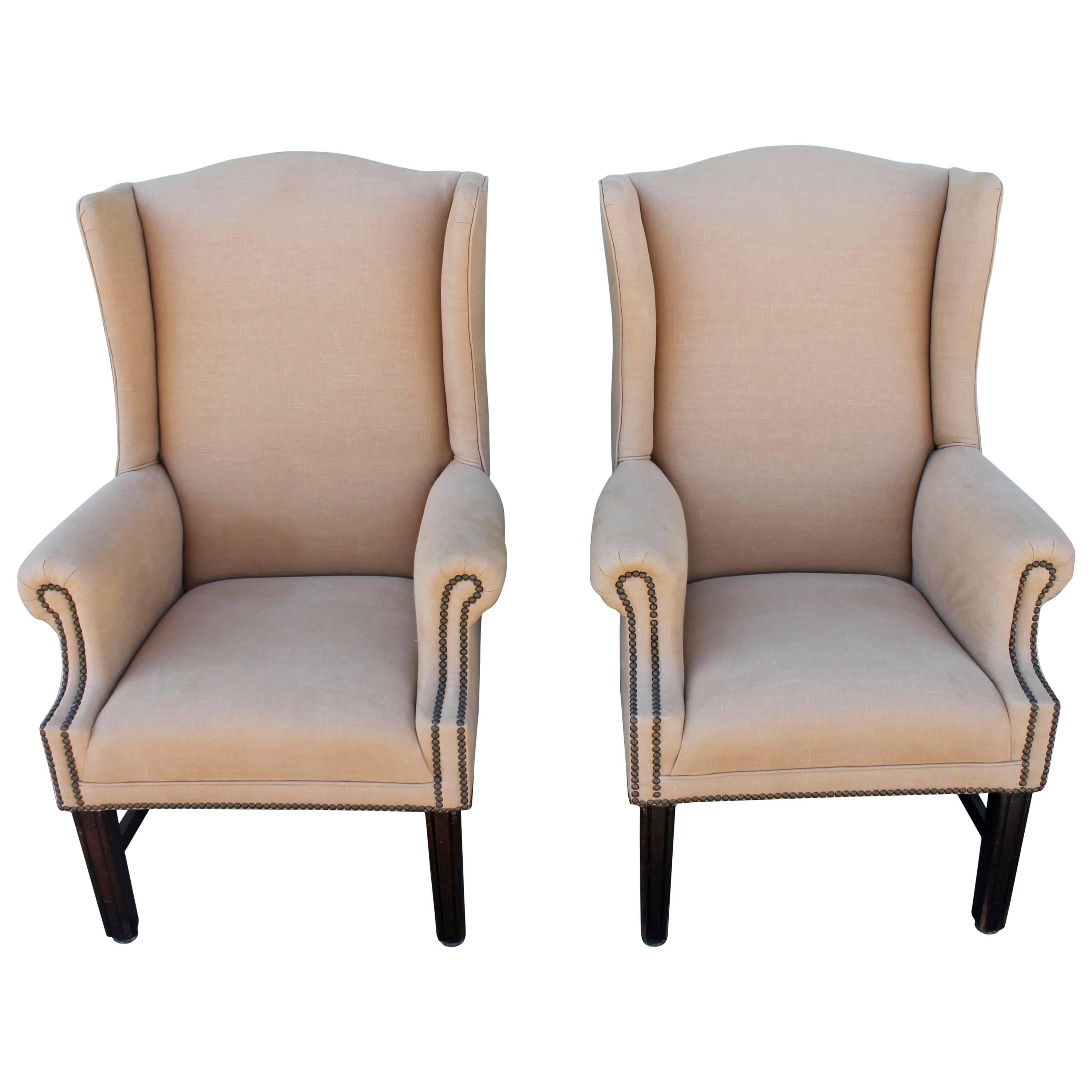 Pair of Fantastic 1920s Wing Chairs in Camel Linen