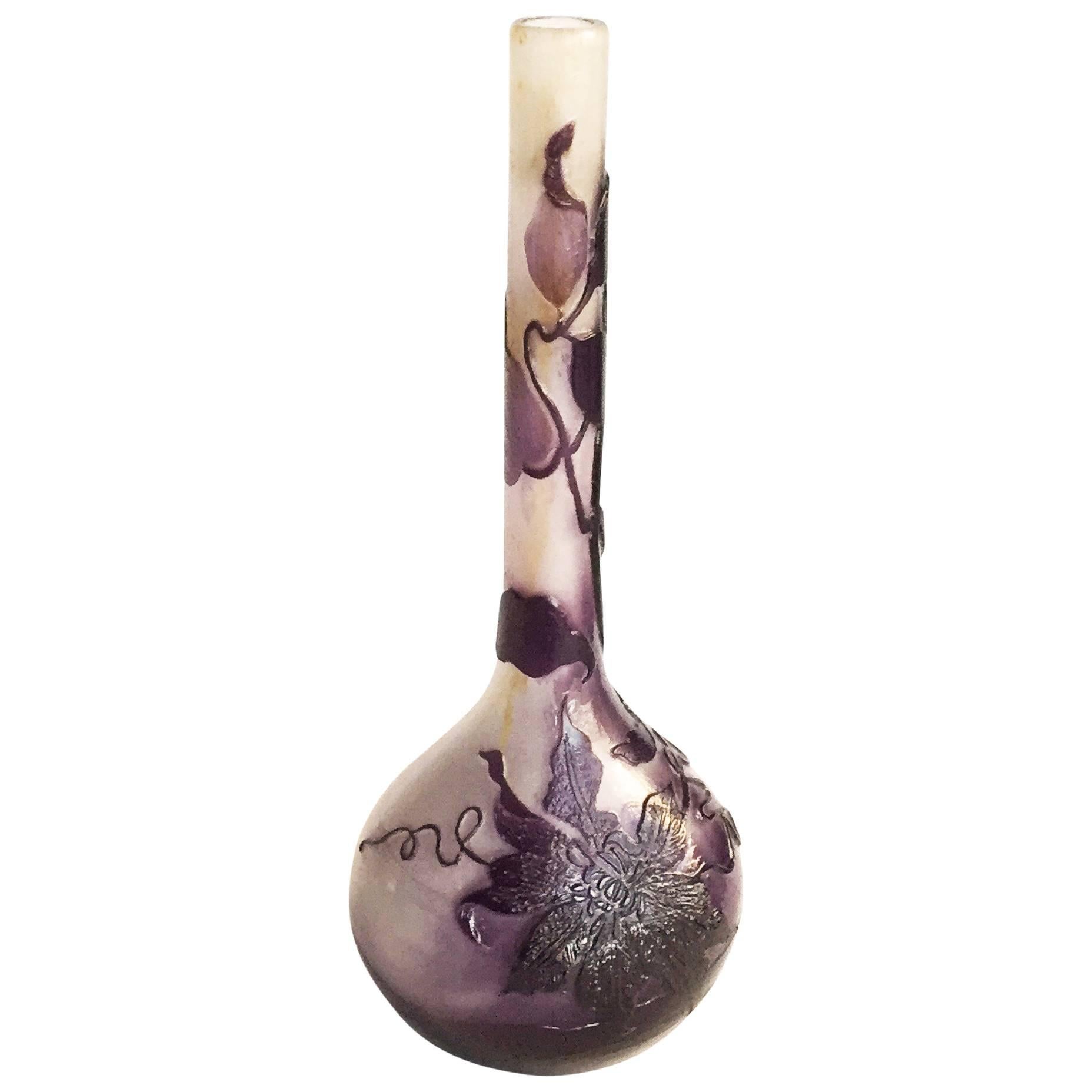 French Emile Galle Cameo Glass Long-Necked "Banjo" Vase, Clematis For Sale